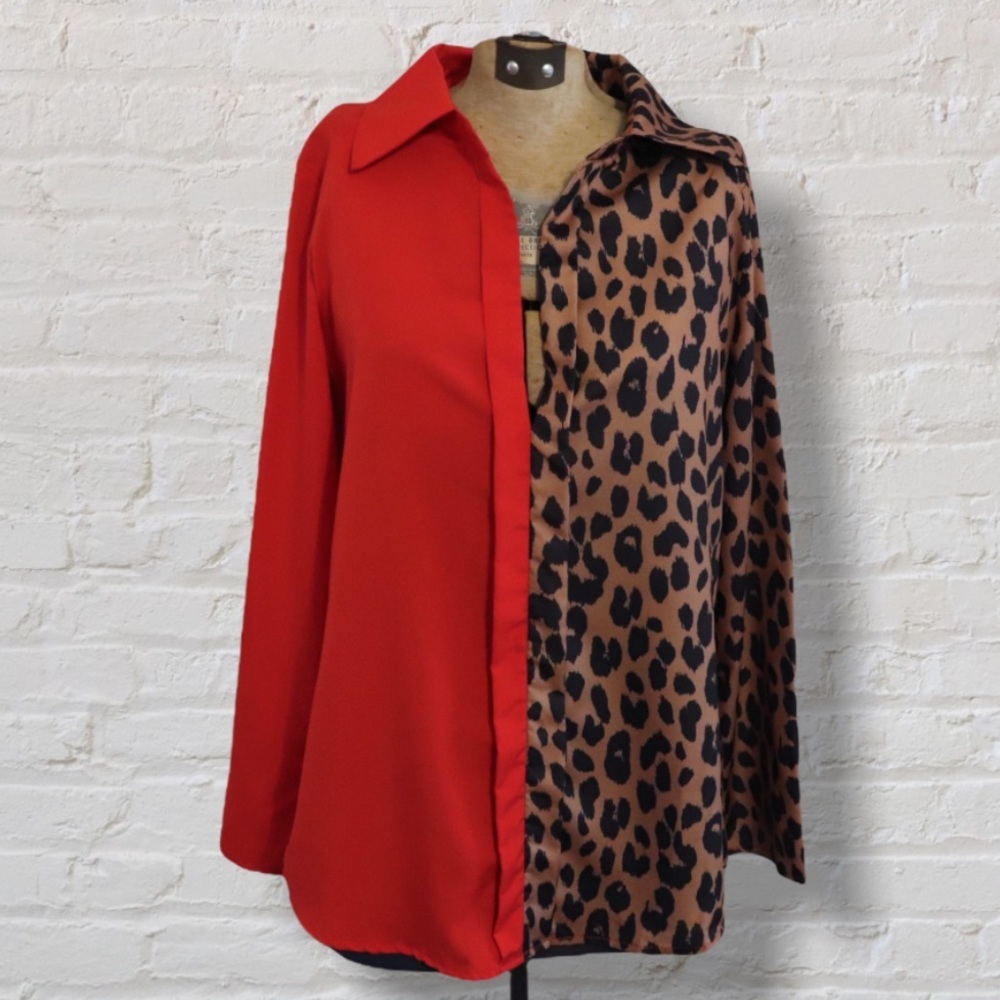 NWT Red Leopard Print Blocked V Neck Faux Button Up Long Sleeve Top